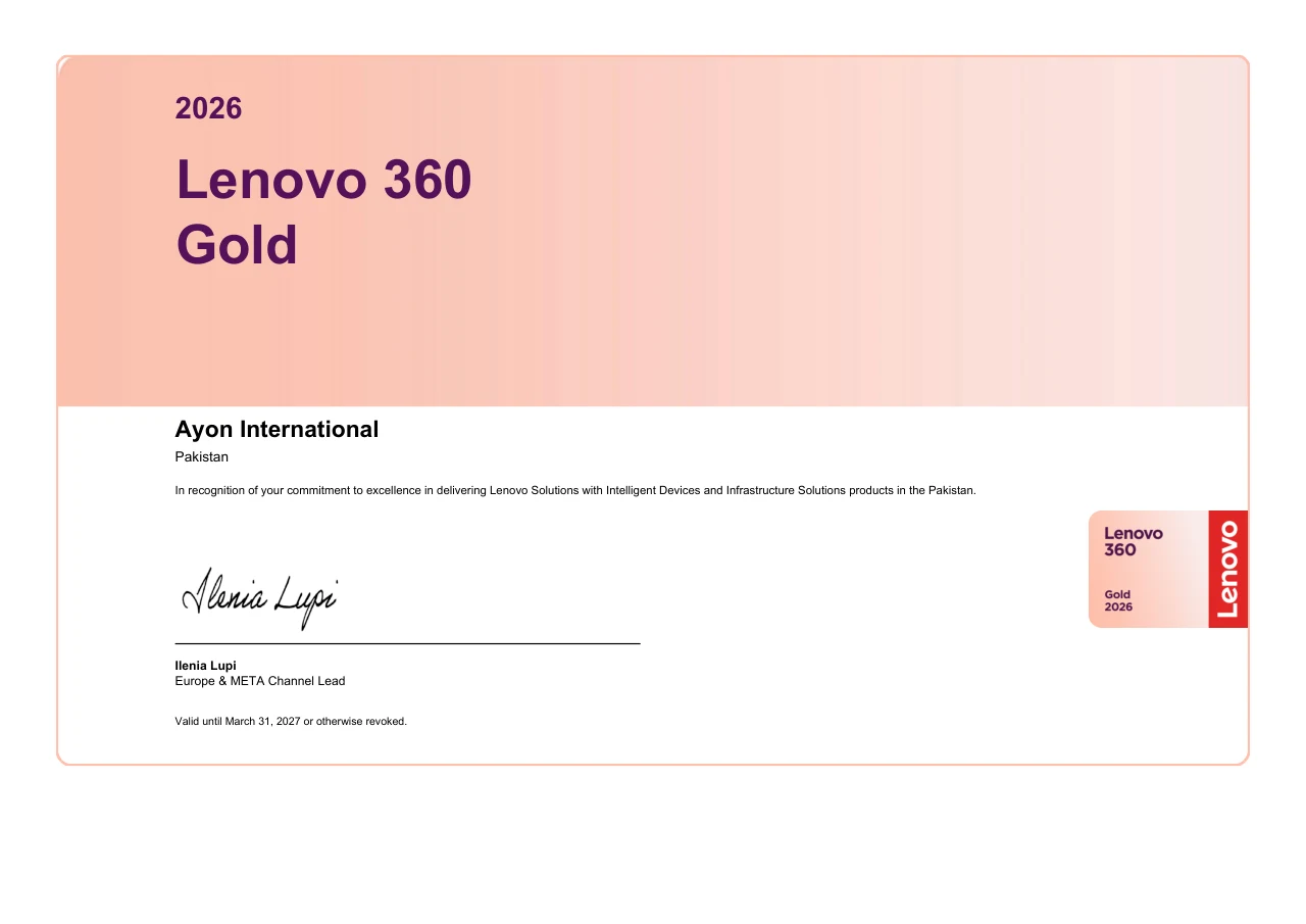 Lenovo 360 Gold 2026 certificate awarded to Ayon International, Pakistan, valid until 31 March 2027